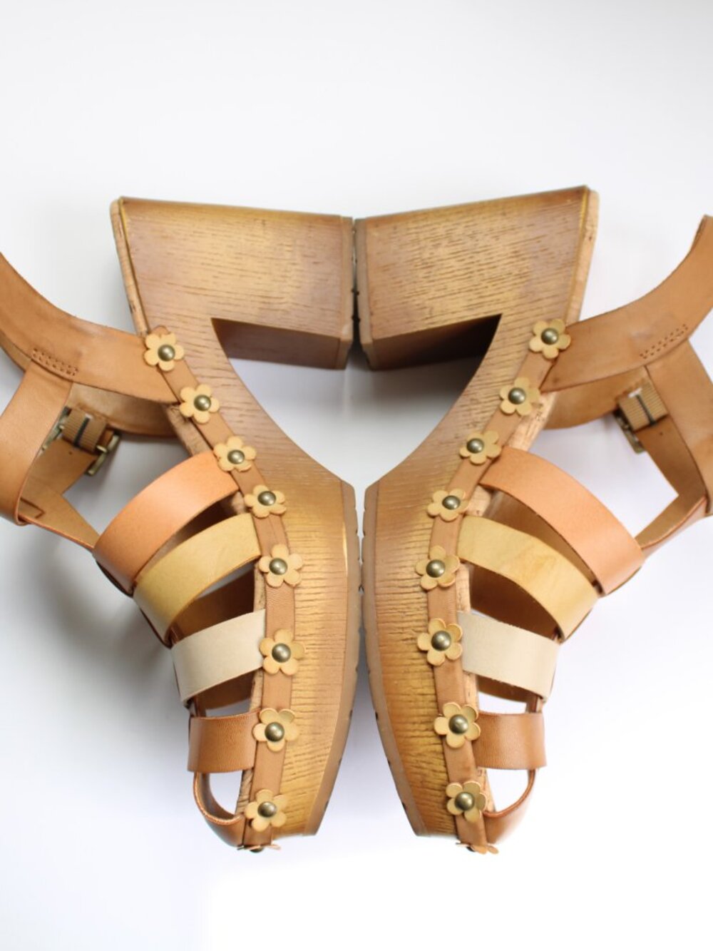 Korks Willow Floral Decal Buckle Platform Block Heel Sandals Tan Cream Size 10 - Picture 5 of 7